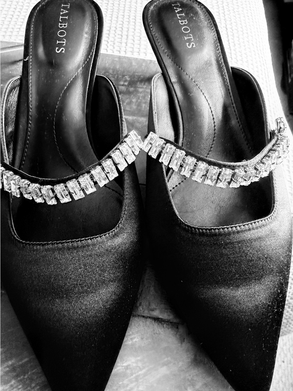 Talbots Black Satin Pointed Mules with Crystal Strap Accent